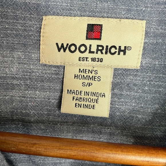 WOOLRICH Mens Blue Marled Chambray Button Up Shirt Short Sleeves Cotton Preppy S - Picture 8 of 11